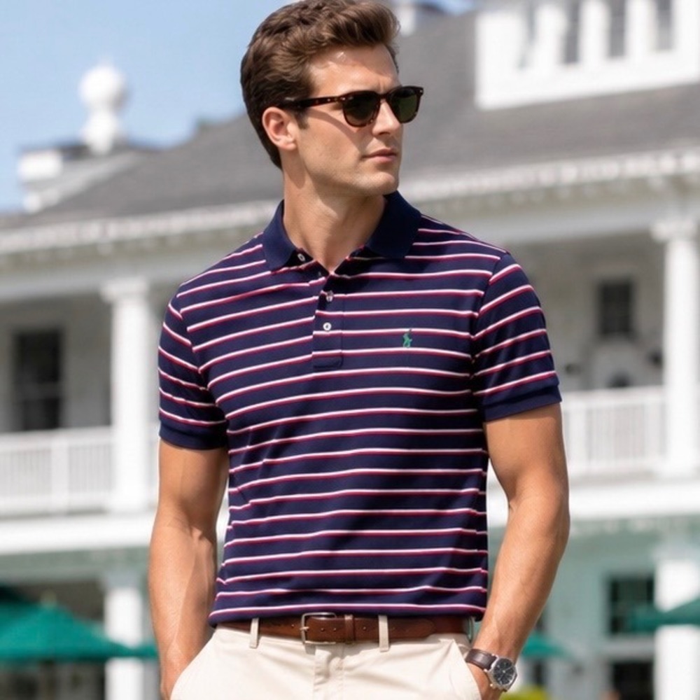 Polo Ralph Lauren Custom Fit Polo Men Navy Red White Stripe Green Pony Preppy L